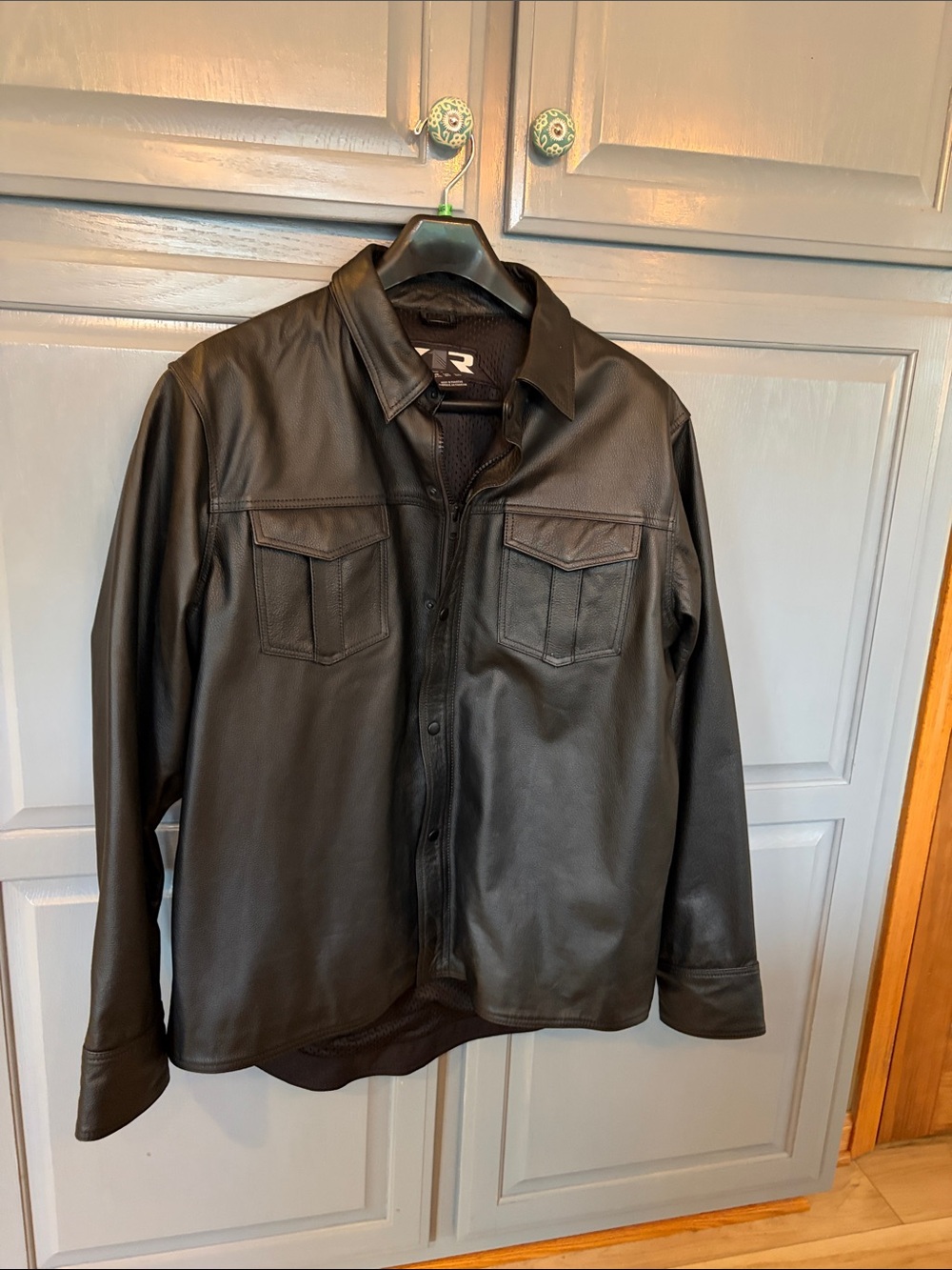 Men's Black Leather Shirt Jacket with Chest Flap Pockets